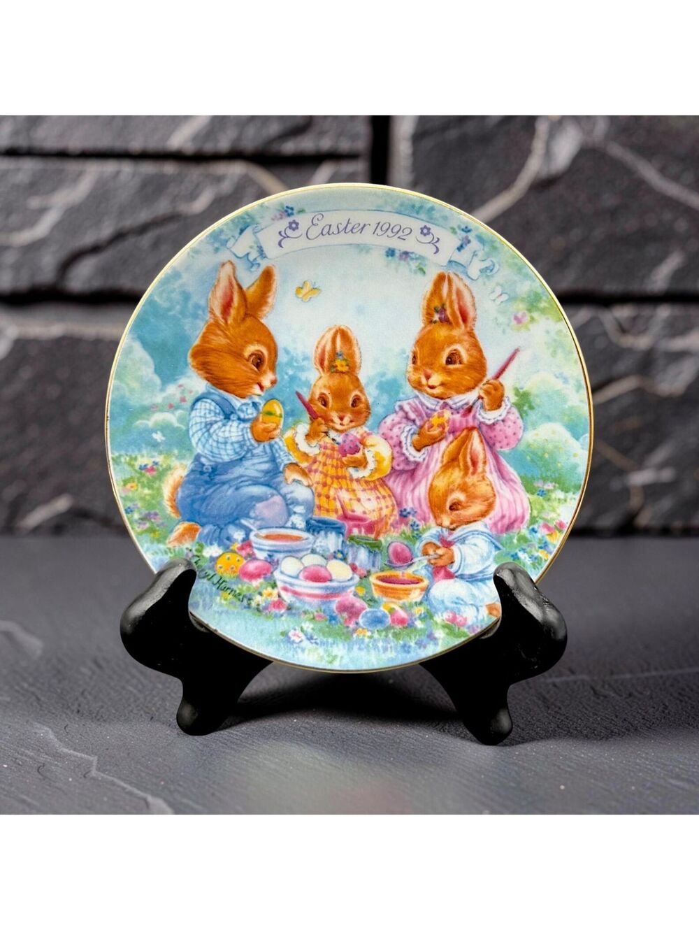 Vintage Avon Colorful Moments Easter 1992 Bunny Plate 22K Gold Porcelain 5"